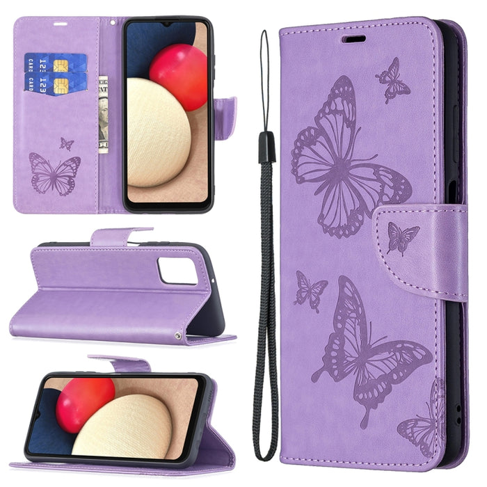 Estuche de cuero de PU con tapa horizontal con patrón de dos mariposas en relieve con soporte y ranura para tarjeta y billetera y cordón, For Samsung Galaxy A03s 164mm, For Xiaomi Mi 11 Lite, For Xiaomi Poco M3 Pro / Redmi Note 10 5G