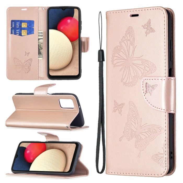 Estuche de cuero de PU con tapa horizontal con patrón de dos mariposas en relieve con soporte y ranura para tarjeta y billetera y cordón, For Samsung Galaxy A03s 164mm, For Xiaomi Mi 11 Lite, For Xiaomi Poco M3 Pro / Redmi Note 10 5G