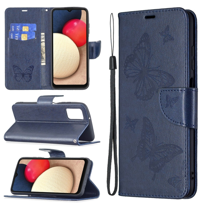 Estuche de cuero de PU con tapa horizontal con patrón de dos mariposas en relieve con soporte y ranura para tarjeta y billetera y cordón, For Samsung Galaxy A03s 164mm, For Xiaomi Mi 11 Lite, For Xiaomi Poco M3 Pro / Redmi Note 10 5G