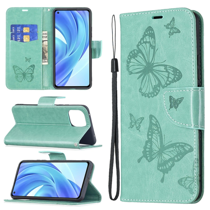 Estuche de cuero de PU con tapa horizontal con patrón de dos mariposas en relieve con soporte y ranura para tarjeta y billetera y cordón, For Samsung Galaxy A03s 164mm, For Xiaomi Mi 11 Lite, For Xiaomi Poco M3 Pro / Redmi Note 10 5G