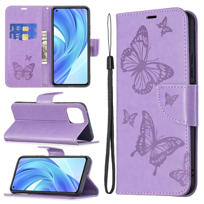 Estuche de cuero de PU con tapa horizontal con patrón de dos mariposas en relieve con soporte y ranura para tarjeta y billetera y cordón, For Samsung Galaxy A03s 164mm, For Xiaomi Mi 11 Lite, For Xiaomi Poco M3 Pro / Redmi Note 10 5G