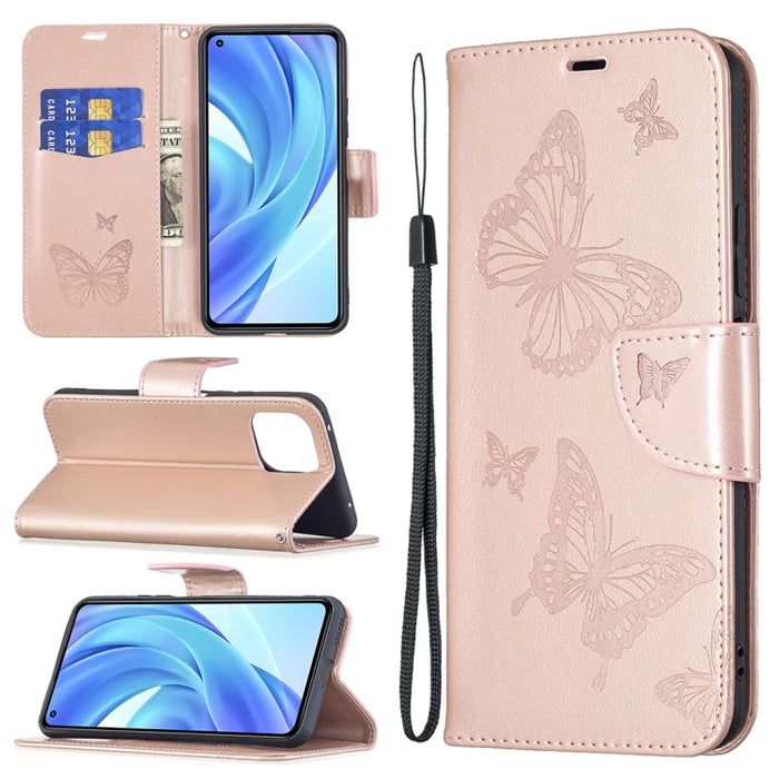 Estuche de cuero de PU con tapa horizontal con patrón de dos mariposas en relieve con soporte y ranura para tarjeta y billetera y cordón, For Samsung Galaxy A03s 164mm, For Xiaomi Mi 11 Lite, For Xiaomi Poco M3 Pro / Redmi Note 10 5G