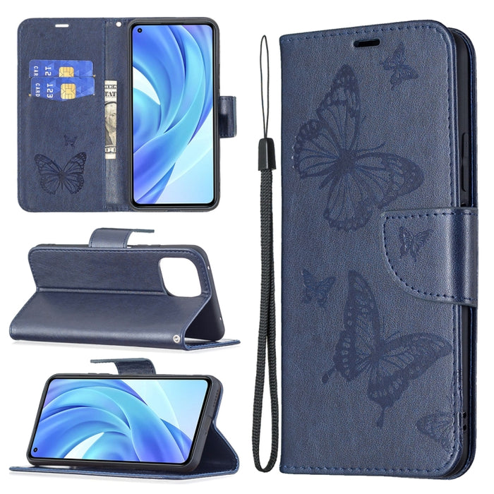 Estuche de cuero de PU con tapa horizontal con patrón de dos mariposas en relieve con soporte y ranura para tarjeta y billetera y cordón, For Samsung Galaxy A03s 164mm, For Xiaomi Mi 11 Lite, For Xiaomi Poco M3 Pro / Redmi Note 10 5G