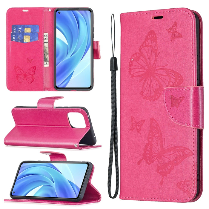 Estuche de cuero de PU con tapa horizontal con patrón de dos mariposas en relieve con soporte y ranura para tarjeta y billetera y cordón, For Samsung Galaxy A03s 164mm, For Xiaomi Mi 11 Lite, For Xiaomi Poco M3 Pro / Redmi Note 10 5G