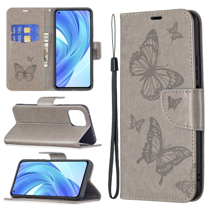 Estuche de cuero de PU con tapa horizontal con patrón de dos mariposas en relieve con soporte y ranura para tarjeta y billetera y cordón, For Samsung Galaxy A03s 164mm, For Xiaomi Mi 11 Lite, For Xiaomi Poco M3 Pro / Redmi Note 10 5G