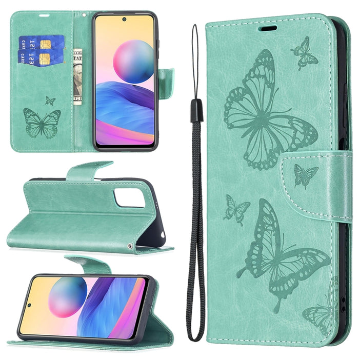 Estuche de cuero de PU con tapa horizontal con patrón de dos mariposas en relieve con soporte y ranura para tarjeta y billetera y cordón, For Samsung Galaxy A03s 164mm, For Xiaomi Mi 11 Lite, For Xiaomi Poco M3 Pro / Redmi Note 10 5G