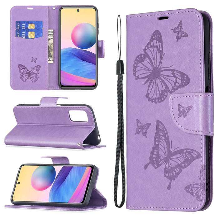 Estuche de cuero de PU con tapa horizontal con patrón de dos mariposas en relieve con soporte y ranura para tarjeta y billetera y cordón, For Samsung Galaxy A03s 164mm, For Xiaomi Mi 11 Lite, For Xiaomi Poco M3 Pro / Redmi Note 10 5G