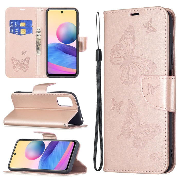 Estuche de cuero de PU con tapa horizontal con patrón de dos mariposas en relieve con soporte y ranura para tarjeta y billetera y cordón, For Samsung Galaxy A03s 164mm, For Xiaomi Mi 11 Lite, For Xiaomi Poco M3 Pro / Redmi Note 10 5G