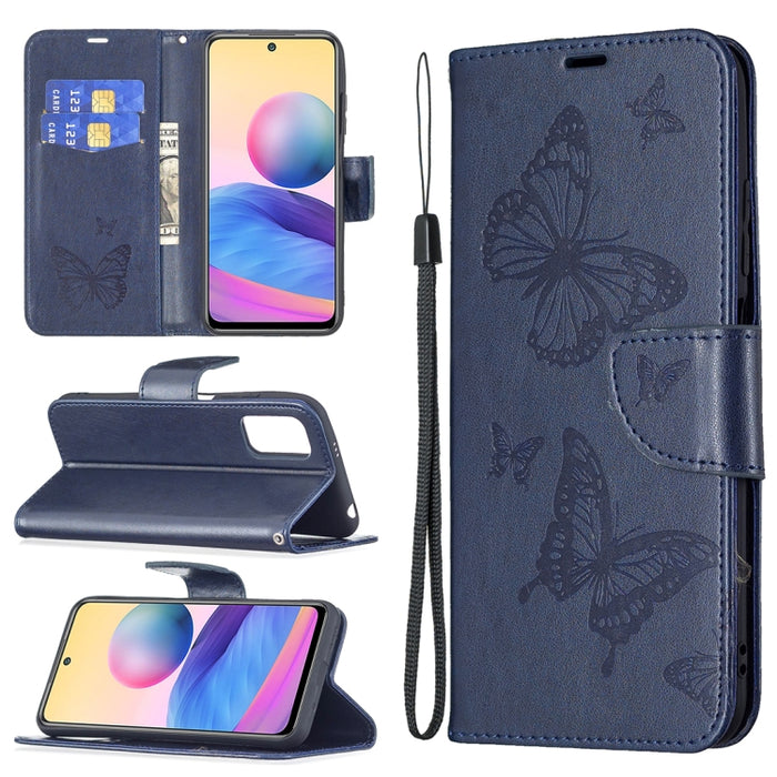 Estuche de cuero de PU con tapa horizontal con patrón de dos mariposas en relieve con soporte y ranura para tarjeta y billetera y cordón, For Samsung Galaxy A03s 164mm, For Xiaomi Mi 11 Lite, For Xiaomi Poco M3 Pro / Redmi Note 10 5G