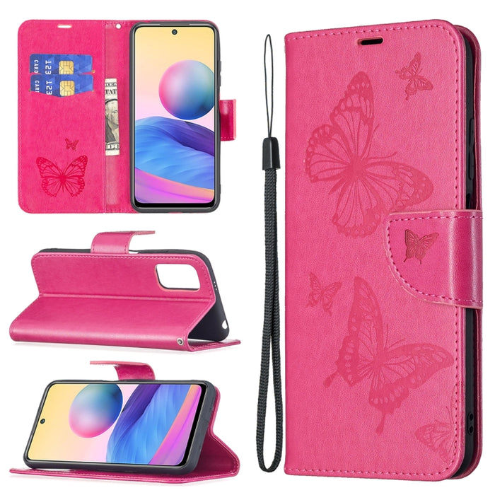 Estuche de cuero de PU con tapa horizontal con patrón de dos mariposas en relieve con soporte y ranura para tarjeta y billetera y cordón, For Samsung Galaxy A03s 164mm, For Xiaomi Mi 11 Lite, For Xiaomi Poco M3 Pro / Redmi Note 10 5G