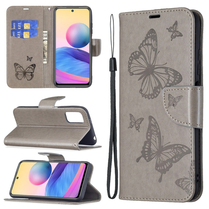 Estuche de cuero de PU con tapa horizontal con patrón de dos mariposas en relieve con soporte y ranura para tarjeta y billetera y cordón, For Samsung Galaxy A03s 164mm, For Xiaomi Mi 11 Lite, For Xiaomi Poco M3 Pro / Redmi Note 10 5G