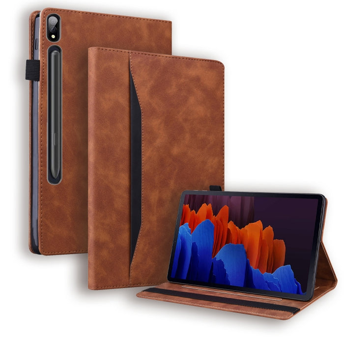 Estuche de cuero con tapa horizontal a prueba de golpes para negocios con soporte y ranuras para tarjetas y marco de fotos y ranura para bolígrafo y función de reposo / activación