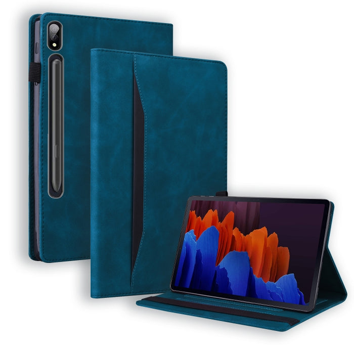 Estuche de cuero con tapa horizontal a prueba de golpes para negocios con soporte y ranuras para tarjetas y marco de fotos y ranura para bolígrafo y función de reposo / activación