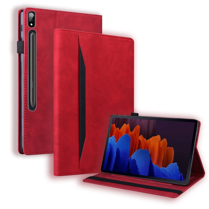 Estuche de cuero con tapa horizontal a prueba de golpes para negocios con soporte y ranuras para tarjetas y marco de fotos y ranura para bolígrafo y función de reposo / activación