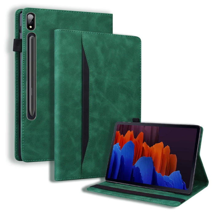 Estuche de cuero con tapa horizontal a prueba de golpes para negocios con soporte y ranuras para tarjetas y marco de fotos y ranura para bolígrafo y función de reposo / activación