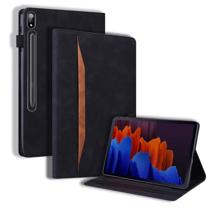 Estuche de cuero con tapa horizontal a prueba de golpes para negocios con soporte y ranuras para tarjetas y marco de fotos y ranura para bolígrafo y función de reposo / activación