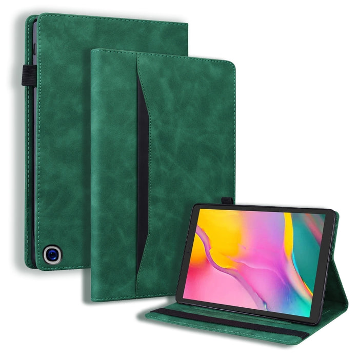 Estuche de cuero con tapa horizontal a prueba de golpes para negocios con soporte y ranuras para tarjetas y marco de fotos y ranura para bolígrafo y función de reposo / activación
