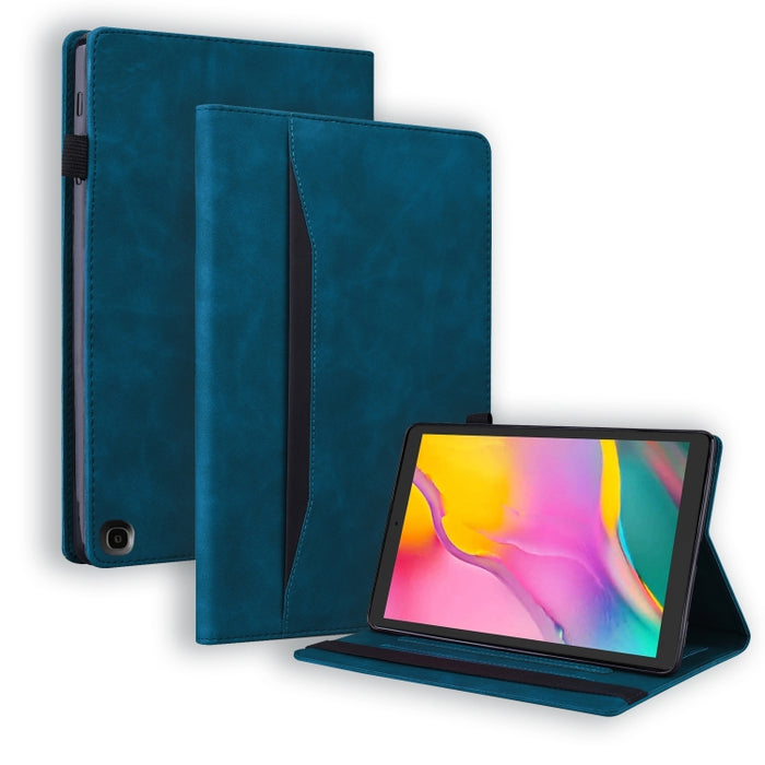 Estuche de cuero con tapa horizontal a prueba de golpes para negocios con soporte y ranuras para tarjetas y marco de fotos y ranura para bolígrafo y función de reposo / activación