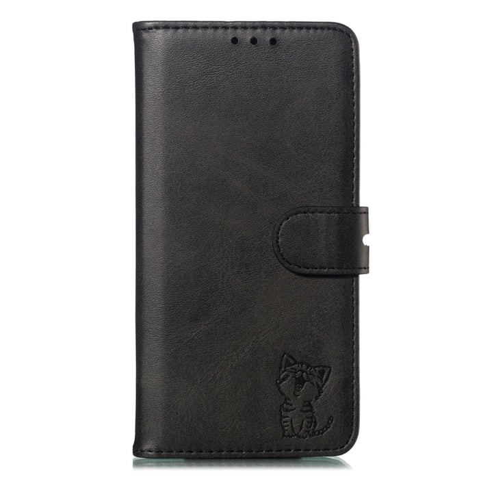 Estuche de cuero con tapa horizontal con patrón de gato feliz en relieve con soporte y ranuras para tarjetas y billetera