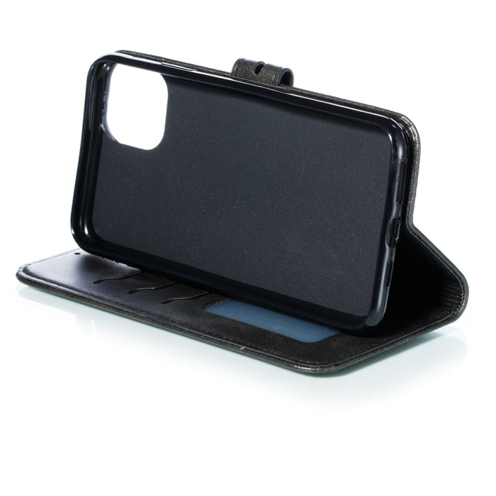 Estuche de cuero con tapa horizontal con patrón de gato feliz en relieve con soporte y ranuras para tarjetas y billetera