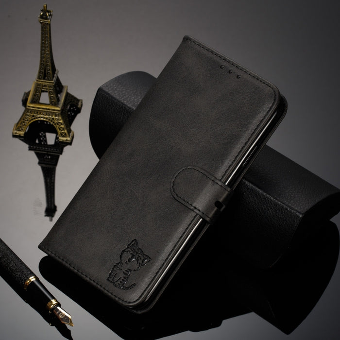 Estuche de cuero con tapa horizontal con patrón de gato feliz en relieve con soporte y ranuras para tarjetas y billetera