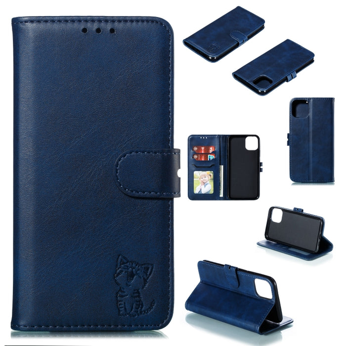Estuche de cuero con tapa horizontal con patrón de gato feliz en relieve con soporte y ranuras para tarjetas y billetera