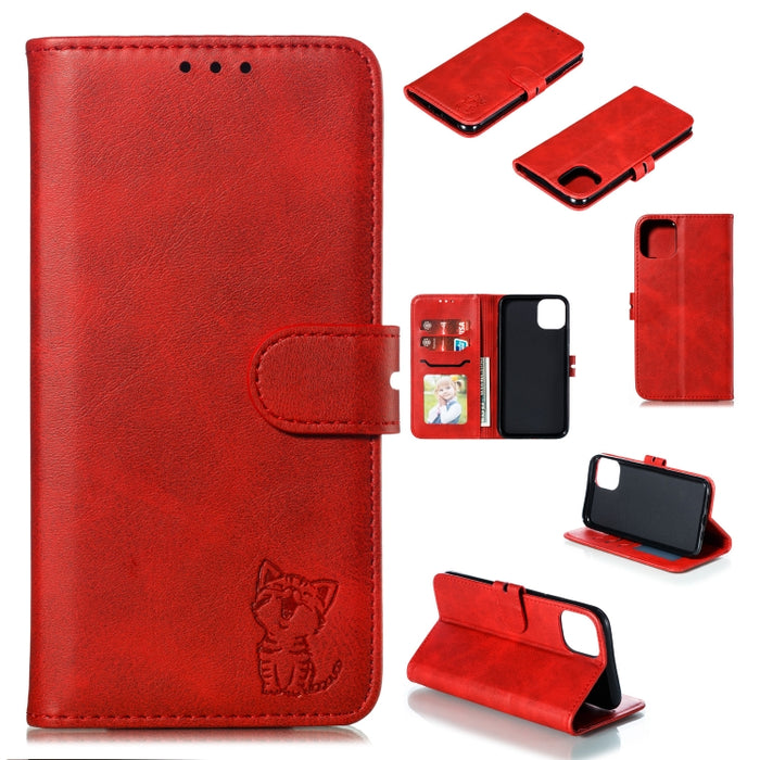 Estuche de cuero con tapa horizontal con patrón de gato feliz en relieve con soporte y ranuras para tarjetas y billetera