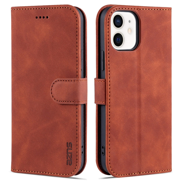 AZNS Skin Feel Calf Texture Funda de cuero con tapa horizontal con ranuras para tarjetas y soporte y billetera, For iPhone 12 / 12 Pro, For iPhone 12 Mini