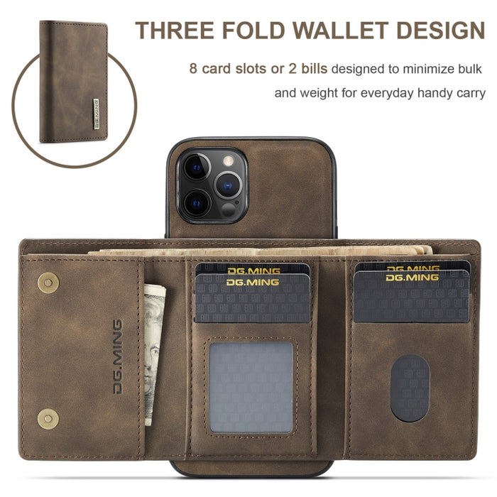 DG.MING Serie M1 Cartera para múltiples tarjetas de 3 pliegues + Funda trasera magnética Funda a prueba de golpes con función de soporte