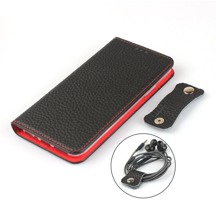 Litchi Texture Horizontal Flip Top Layer Funda de cuero de vaca con soporte y ranuras para tarjetas y billetera y correa y enrollador de alambre