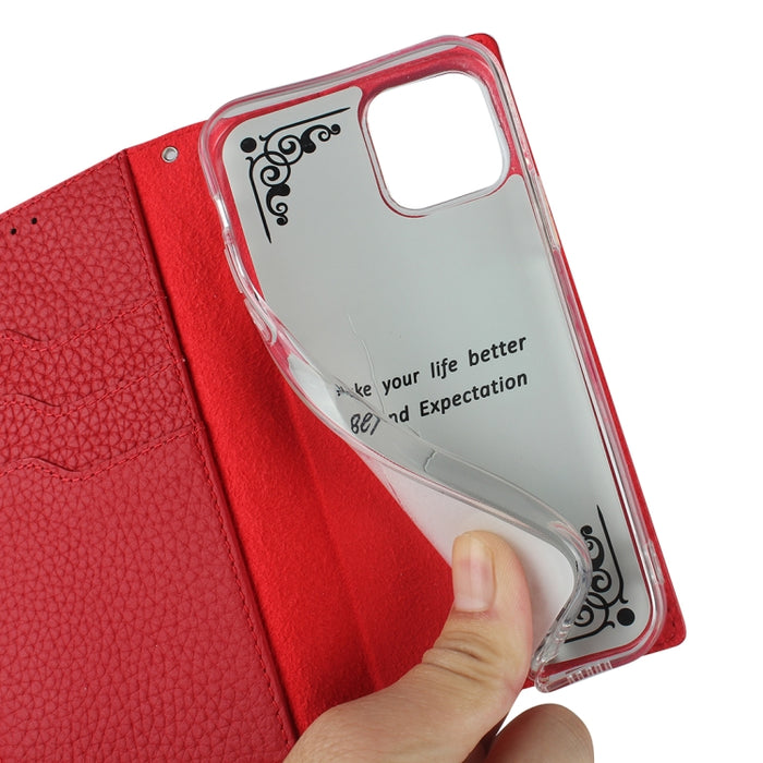 Litchi Texture Horizontal Flip Top Layer Funda de cuero de vaca con soporte y ranuras para tarjetas y billetera y correa y enrollador de alambre