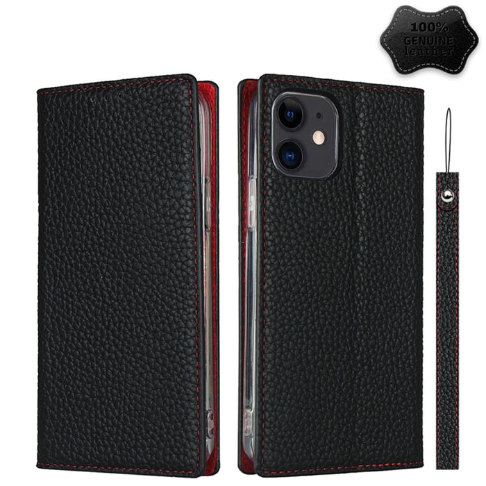 Litchi Texture Horizontal Flip Top Layer Funda de cuero de vaca con soporte y ranuras para tarjetas y billetera y correa y enrollador de alambre