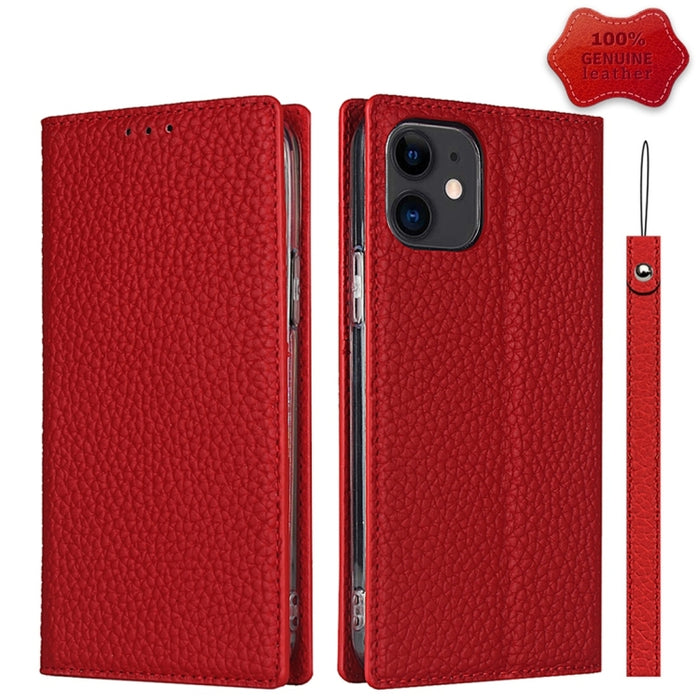Litchi Texture Horizontal Flip Top Layer Funda de cuero de vaca con soporte y ranuras para tarjetas y billetera y correa y enrollador de alambre