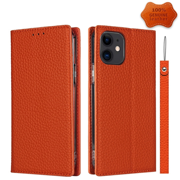 Litchi Texture Horizontal Flip Top Layer Funda de cuero de vaca con soporte y ranuras para tarjetas y billetera y correa y enrollador de alambre