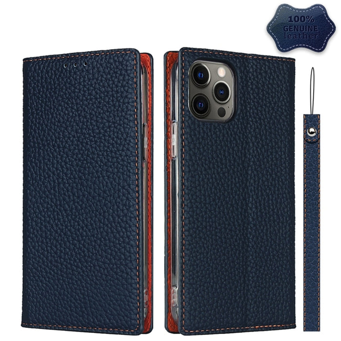 Litchi Texture Horizontal Flip Top Layer Funda de cuero de vaca con soporte y ranuras para tarjetas y billetera y correa y enrollador de alambre
