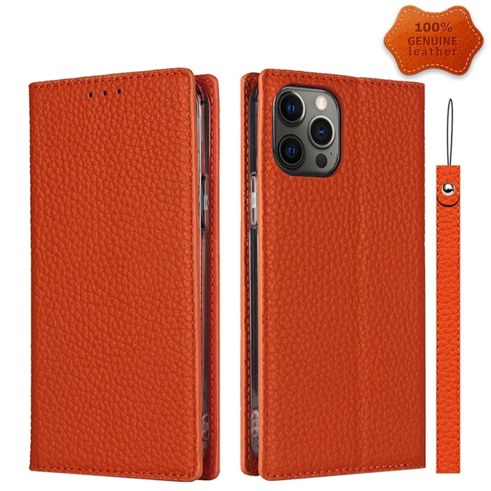 Litchi Texture Horizontal Flip Top Layer Funda de cuero de vaca con soporte y ranuras para tarjetas y billetera y correa y enrollador de alambre