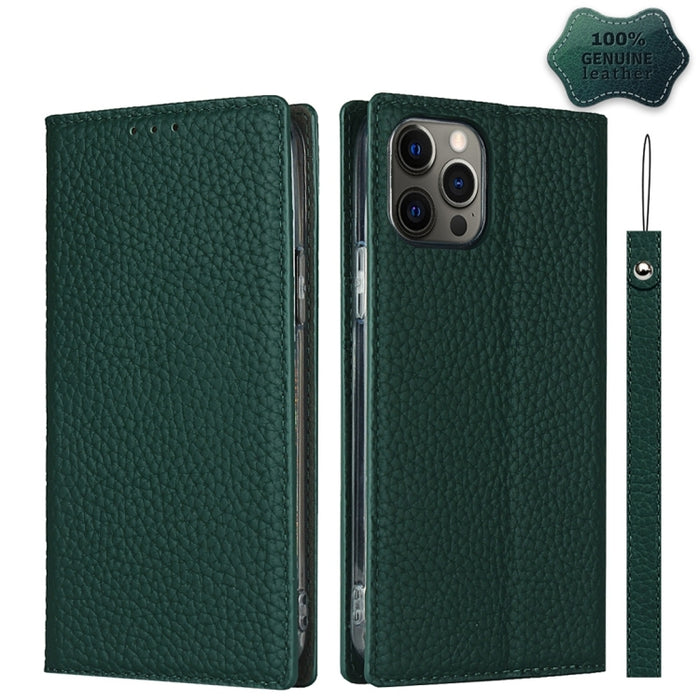 Litchi Texture Horizontal Flip Top Layer Funda de cuero de vaca con soporte y ranuras para tarjetas y billetera y correa y enrollador de alambre