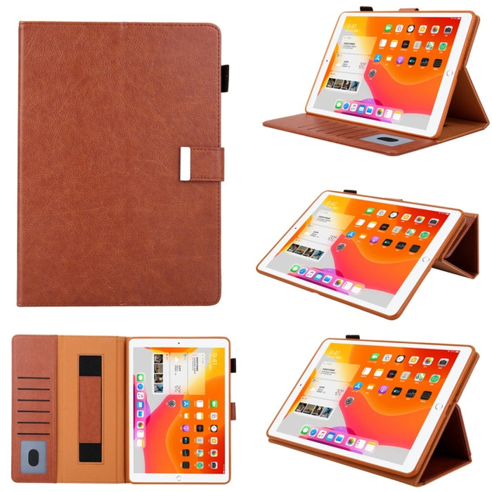 Estuche de cuero con tapa horizontal de estilo comercial con soporte y ranura para tarjeta y marco de fotos y billetera y correa de mano y función de reposo / activación