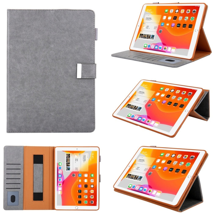 Estuche de cuero con tapa horizontal de estilo comercial con soporte y ranura para tarjeta y marco de fotos y billetera y correa de mano y función de reposo / activación