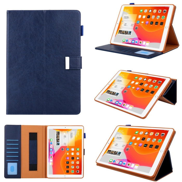 Estuche de cuero con tapa horizontal de estilo comercial con soporte y ranura para tarjeta y marco de fotos y billetera y correa de mano y función de reposo / activación