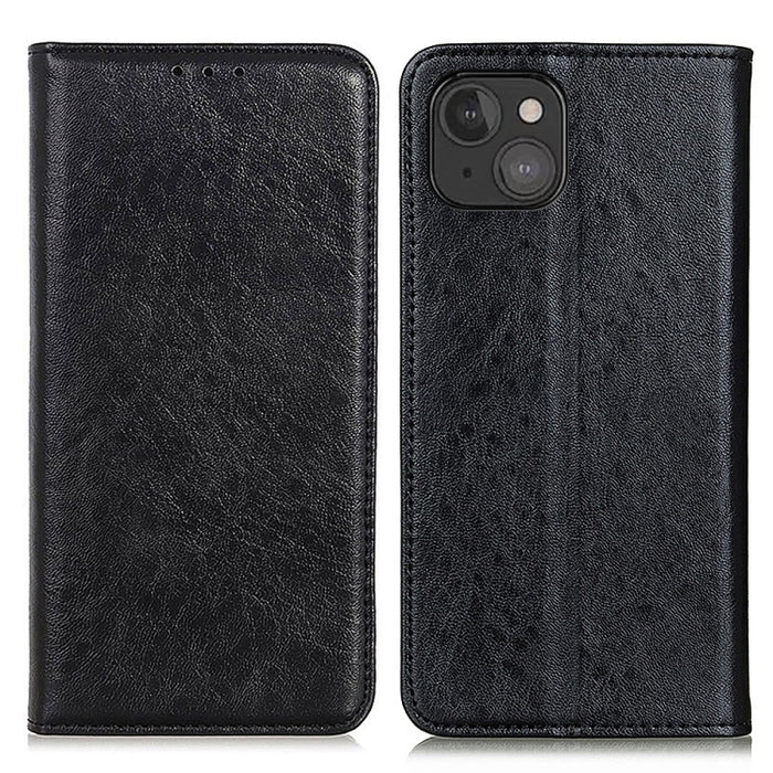 Estuche de cuero con tapa horizontal con textura de caballo loco magnético con soporte y ranuras para tarjetas y billetera
