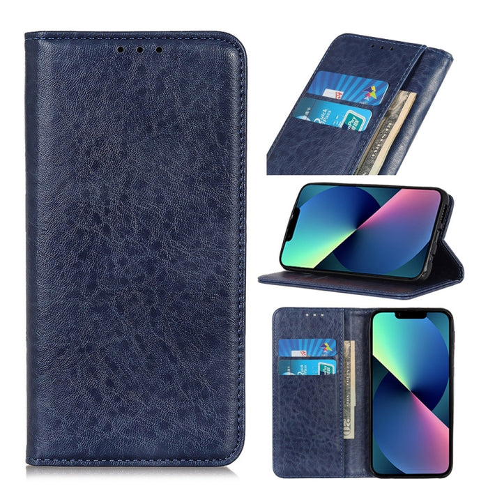 Estuche de cuero con tapa horizontal con textura de caballo loco magnético con soporte y ranuras para tarjetas y billetera