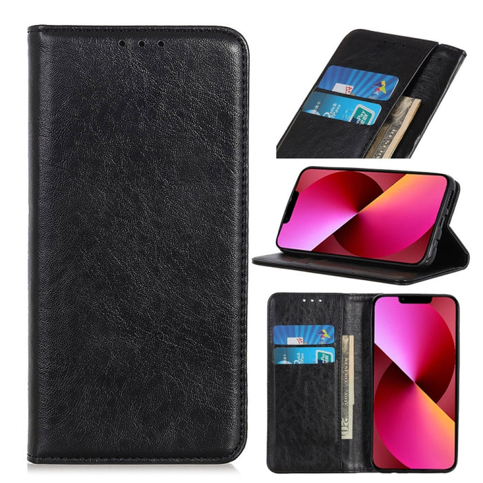 Estuche de cuero con tapa horizontal con textura de caballo loco magnético con soporte y ranuras para tarjetas y billetera