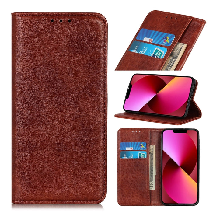 Estuche de cuero con tapa horizontal con textura de caballo loco magnético con soporte y ranuras para tarjetas y billetera