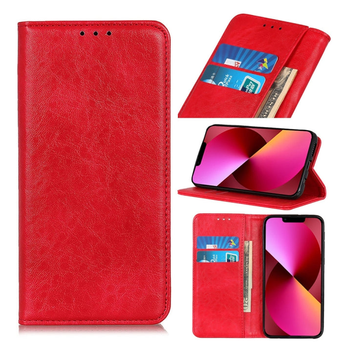 Estuche de cuero con tapa horizontal con textura de caballo loco magnético con soporte y ranuras para tarjetas y billetera