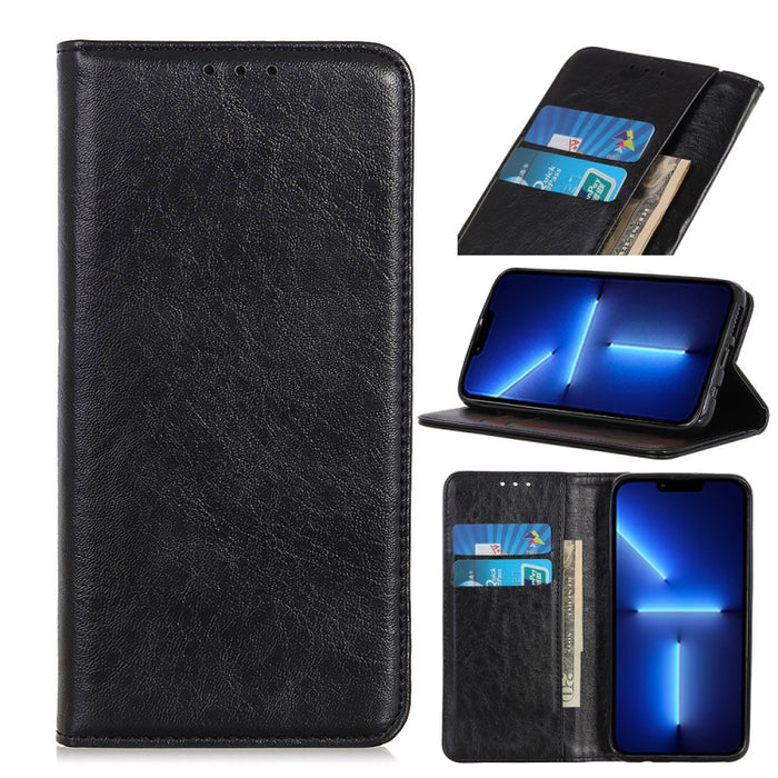 Estuche de cuero con tapa horizontal con textura de caballo loco magnético con soporte y ranuras para tarjetas y billetera