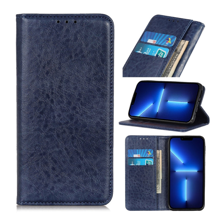 Estuche de cuero con tapa horizontal con textura de caballo loco magnético con soporte y ranuras para tarjetas y billetera