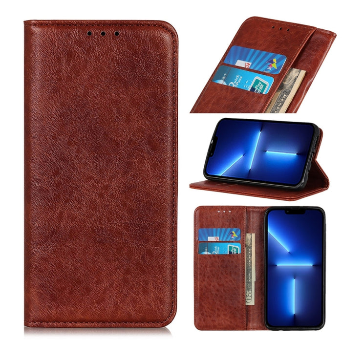 Estuche de cuero con tapa horizontal con textura de caballo loco magnético con soporte y ranuras para tarjetas y billetera
