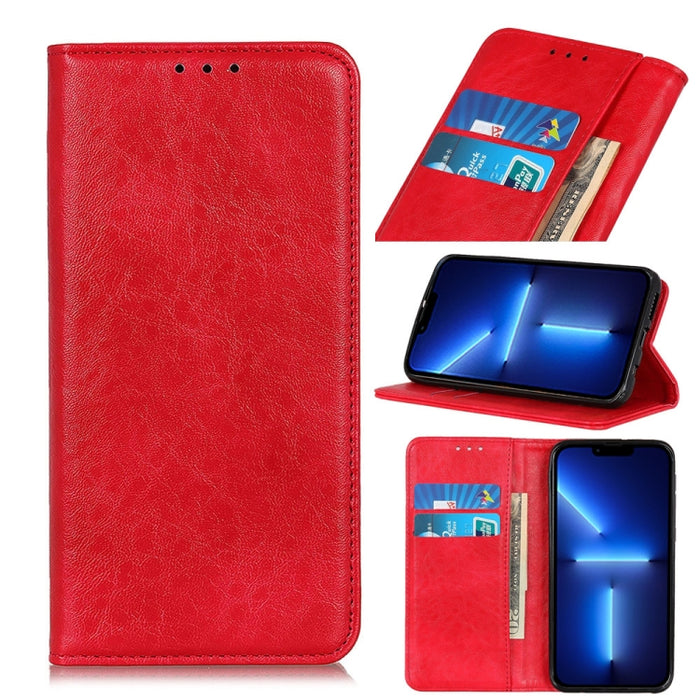 Estuche de cuero con tapa horizontal con textura de caballo loco magnético con soporte y ranuras para tarjetas y billetera