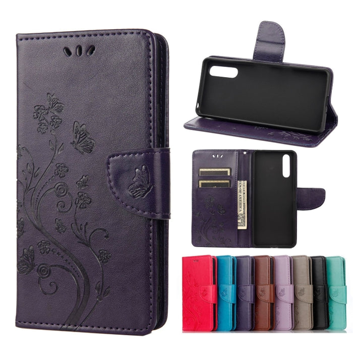 Estuche de cuero con tapa horizontal con patrón de flores de mariposa con soporte y ranuras para tarjetas y billetera, For Samsung Galaxy A22 5G, For Sony Xperia 10 III, For Xiaomi Mi 11